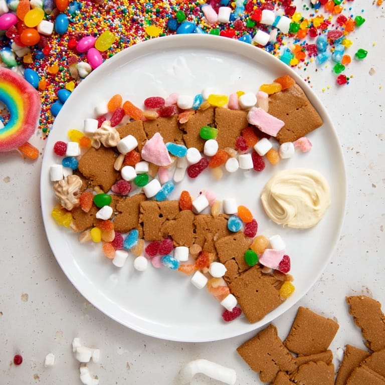 A festive Candy Land gingerbread path dessert board ready to eat, featuring bright candies and cookies.