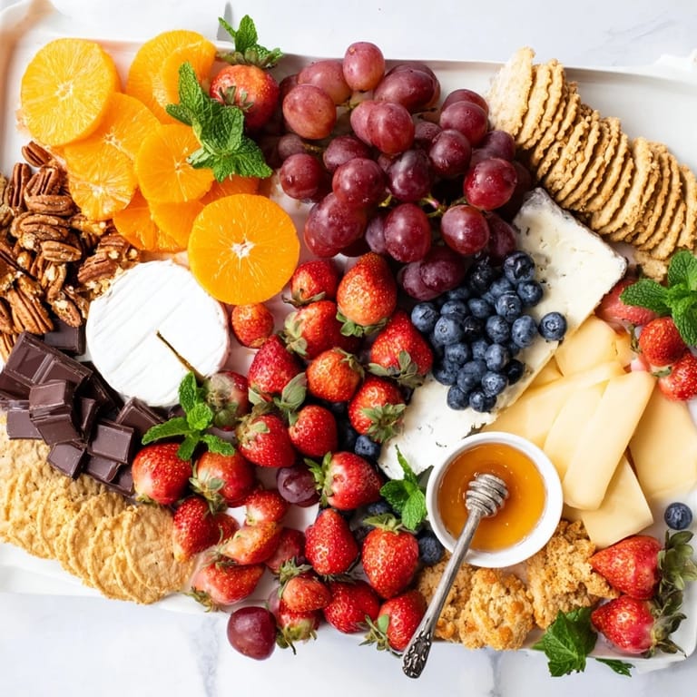 A beautiful Grapes of Fortune board: green and red grapes, brie, crackers, perfect for New Year's Eve.