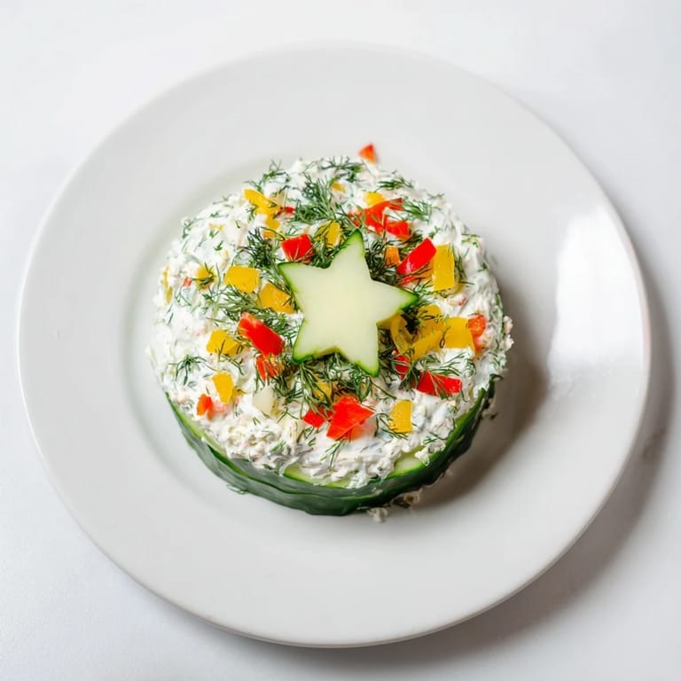 Vibrant overhead shot of creamy Holiday Star Cucumber Bites, perfect for a delicious vegetarian appetizer.