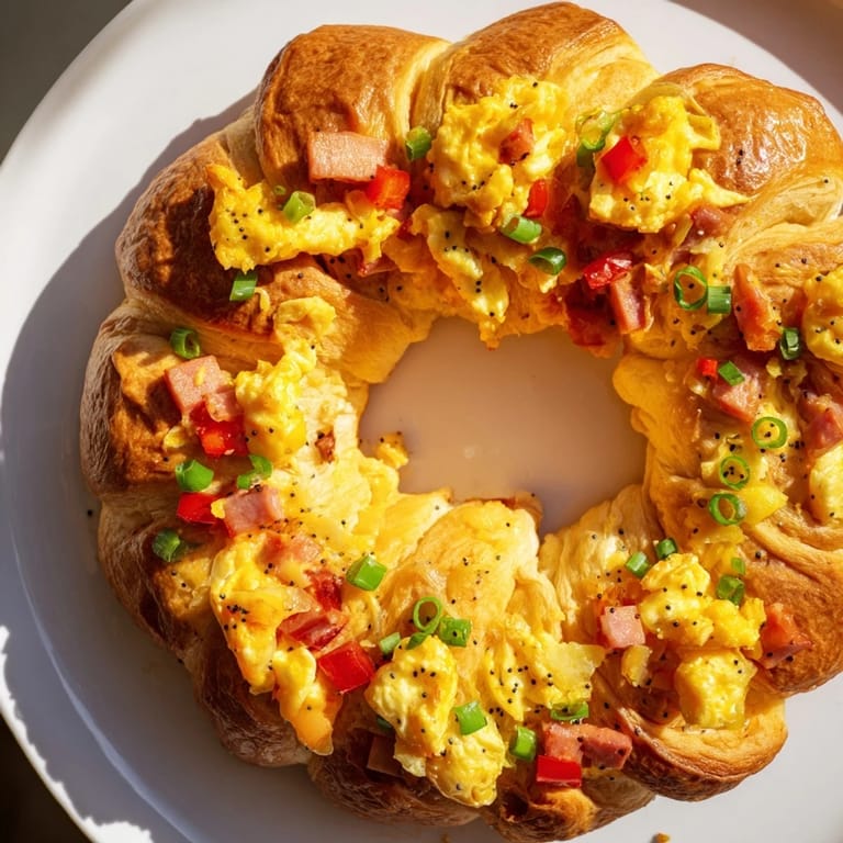 This Wreath-Shaped Egg and Ham Bake shows a beautiful, savory centerpiece with bubbling cheese and fluffy eggs.