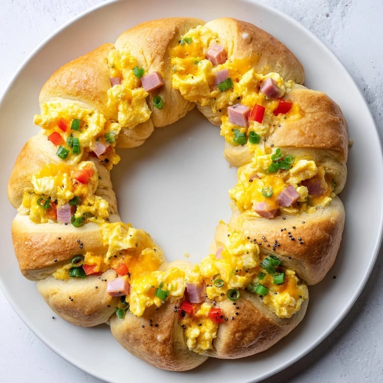 A close-up of the fully cooked Wreath-Shaped Egg and Ham Bake, ready to slice and share for a festive meal.