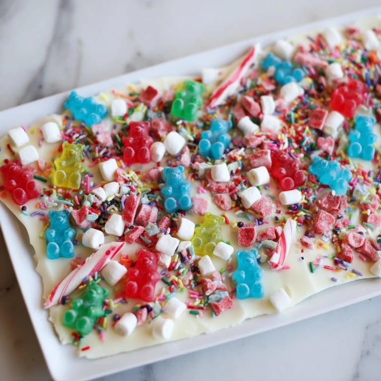 Vibrant gummy bears and crushed candy canes are scattered across a white chocolate bark confection.