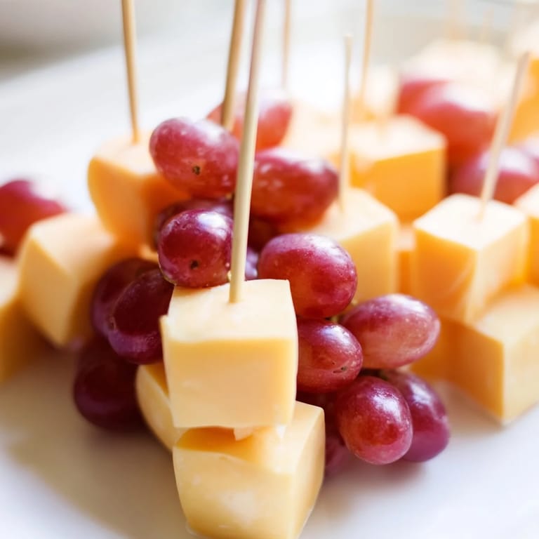 Skewered cheese and juicy red grapes, a visually appealing snack ideal for gatherings.