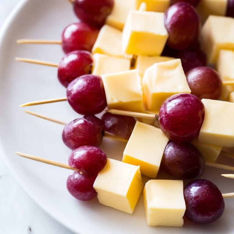 Close-up of Cheese & Grape Skewers, showcasing cubes of cheese paired with sweet grapes.