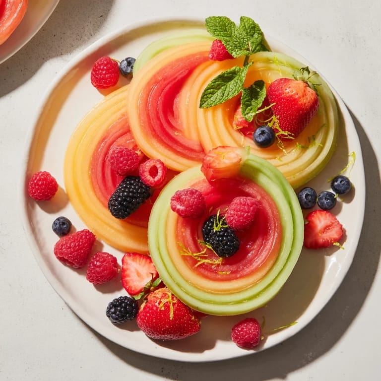 A refreshing fruit platter showcases layered circles of sweet melon and juicy mixed berries, perfect for summer.