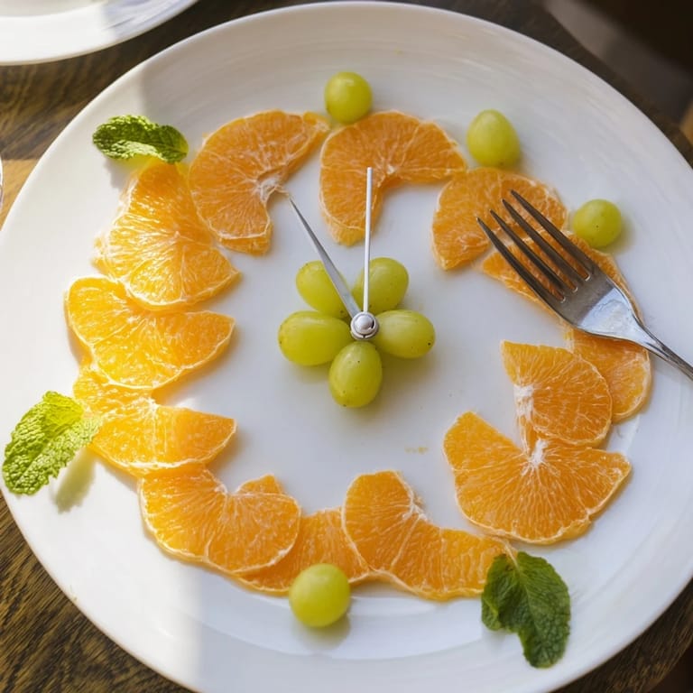 A colorful Grape and Orange Slice Clock Face, perfect for a healthy brunch, bursting with fresh fruit flavor.