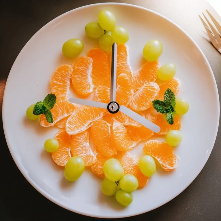 Freshly assembled Grape and Orange Slice Clock Face, a whimsical fruit platter ideal for kids' parties or light snacking.