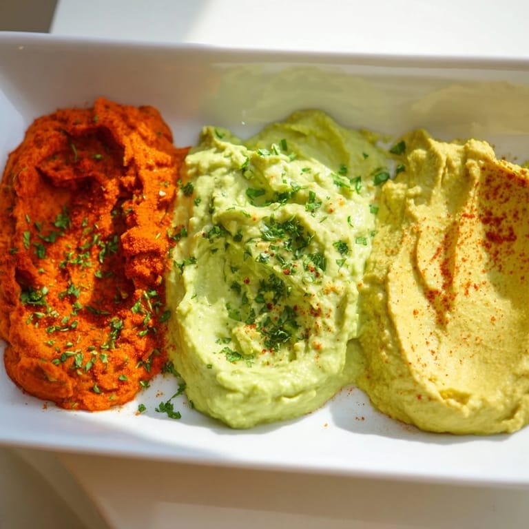 Three homemade dips, a vibrant Dip Trio, includes creamy avocado, red pepper, and turmeric hummus perfect for serving.