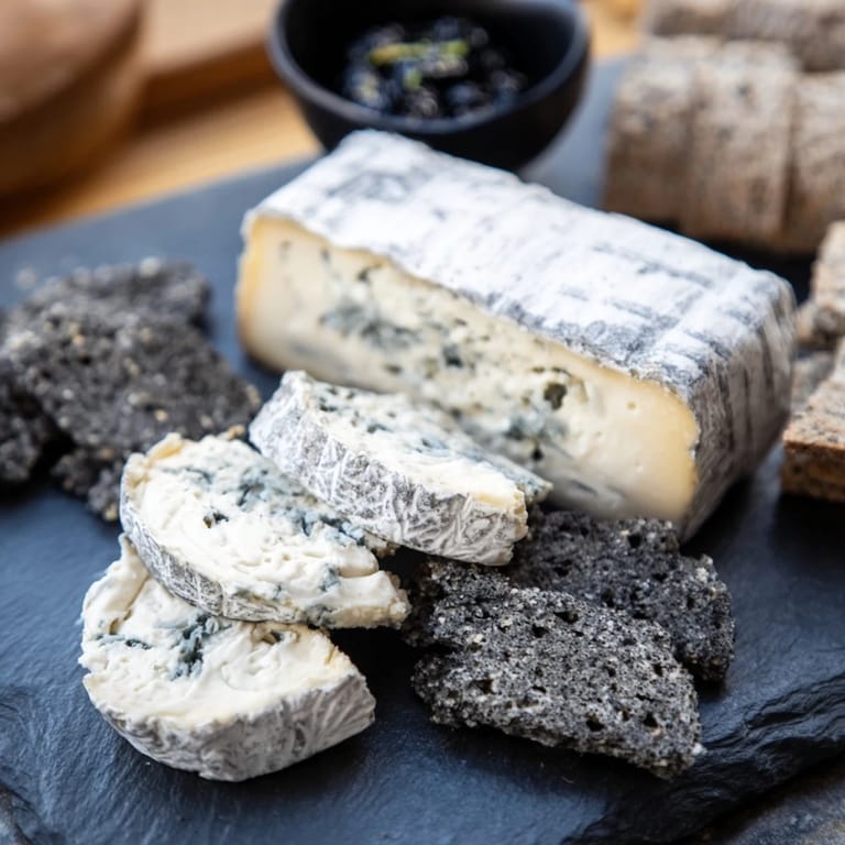 Delicious Monochrome Gray Stone Cheese Board with dark rye bread and a touch of black olive tapenade.