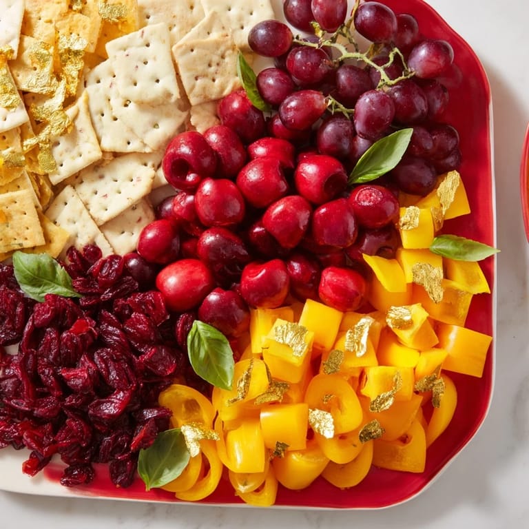This beautifully arranged Crimson & Gold Gala appetizer has enticing cheese, grapes, and golden roasted peppers.