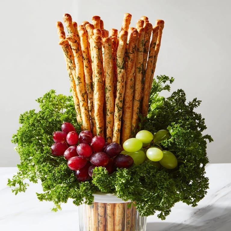 Vibrant The Vertical Forest appetizer with upright breadsticks, grapes, and parsley presenting an artistic look.
