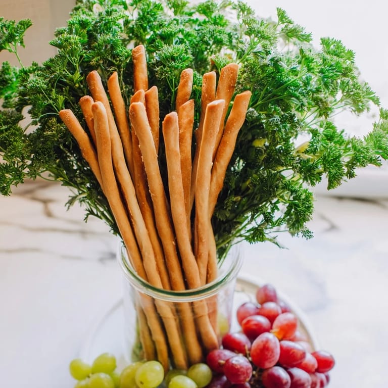 The Vertical Forest: Clear jars showcase breadsticks as trees, framed by parsley and jewel-toned grapes.