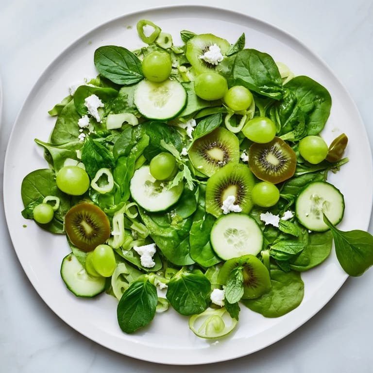 Beautiful Emerald Isle Greenscape salad featuring vibrant greens, kiwi, and grapes, ready to serve.