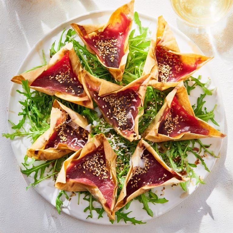 Delicate slices of beef become an elegant Origami Fold Beef Appetizer, garnished with fresh chives and sesame seeds.