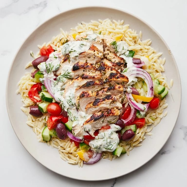 A close-up of Greek Chicken Gyro Pasta Bowls shows juicy tomatoes next to flavorful chicken and pasta.
