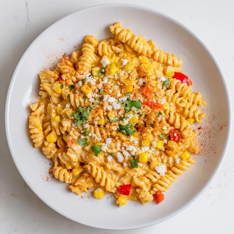 Close-up of the finished one-pot Mexican street corn pasta, garnished with fresh cilantro and lime.