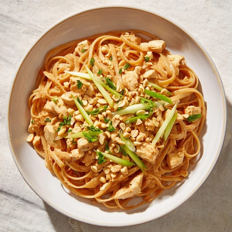 This flavorful Thai-Inspired Peanut Chicken Pasta features cooked chicken and colorful vegetables, tossed in a zesty peanut dressing.