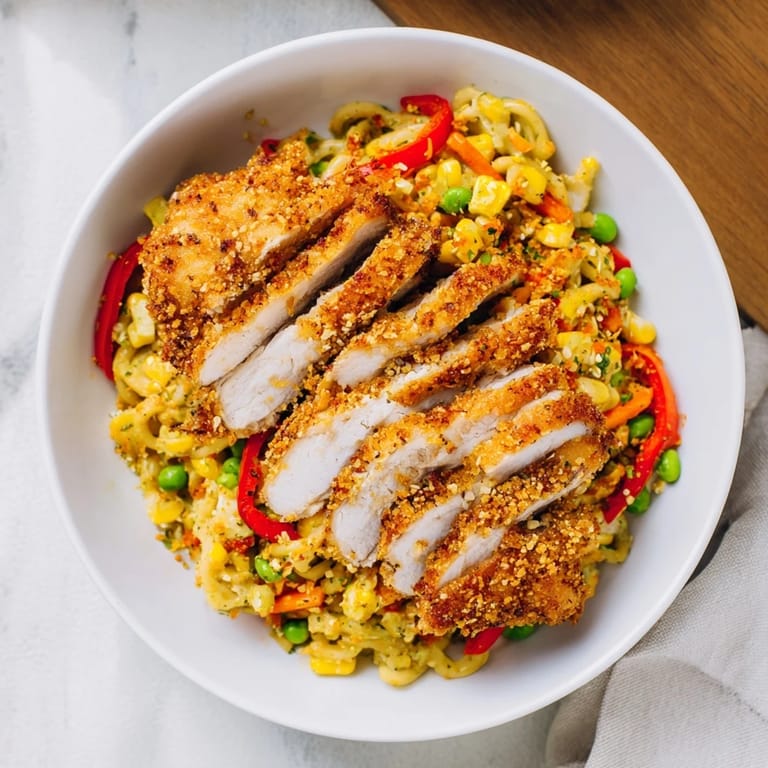 Steaming bowl of Mongolian chicken, tossed with noodles, vegetables, and sesame seeds, a delicious Asian fusion dish.