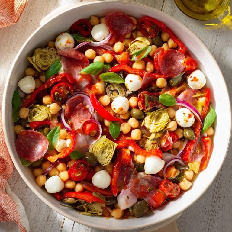 Tangy Italian dressing coats this fresh Antipasto Chickpea Salad, perfect for a light lunch or picnic.