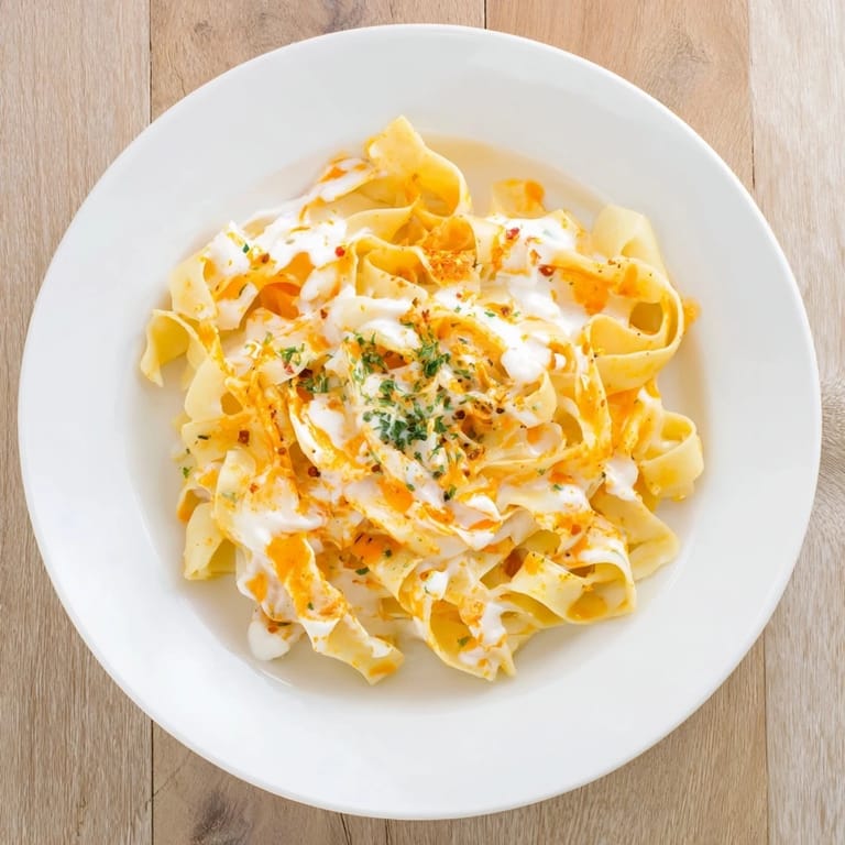 A close-up shot of creamy Turkish pasta with paprika butter beautifully plated, ready for dinner.