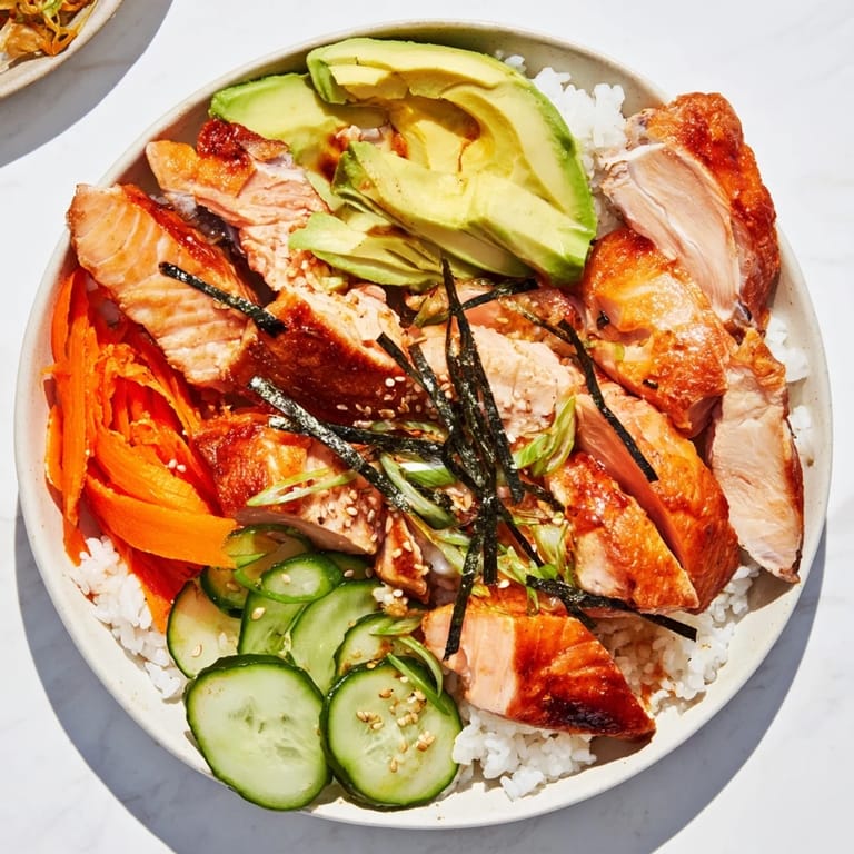 This loaded Japanese-Style Salmon & Chicken Rice Bowl offers juicy chicken, avocado, and sesame seeds atop perfectly cooked rice.