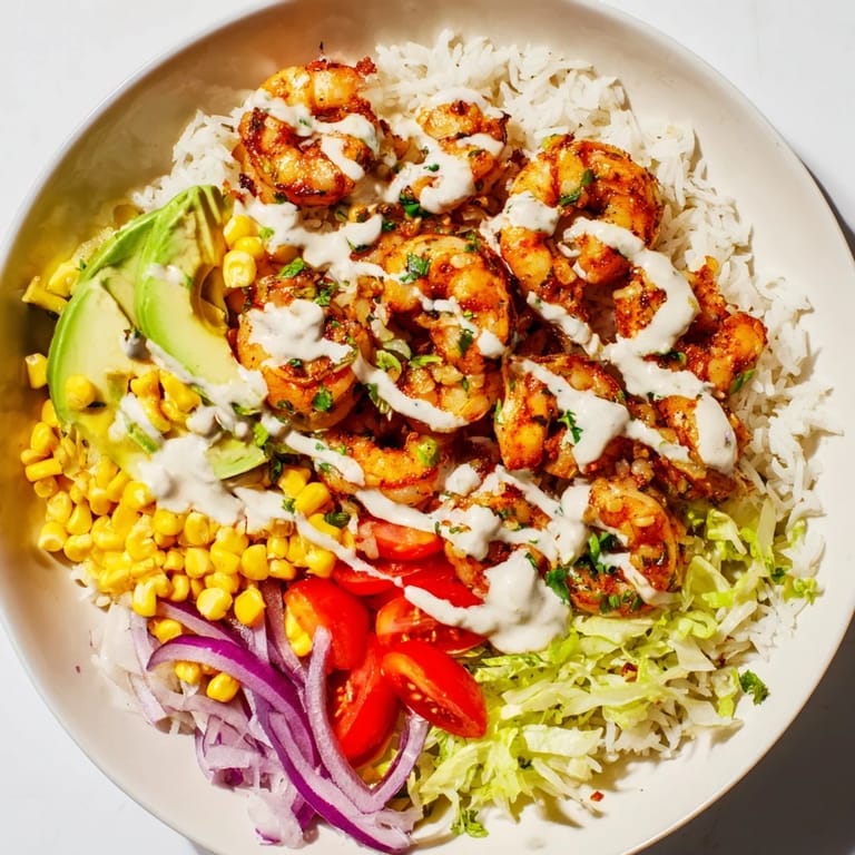 A delicious view of Cajun shrimp taco bowls piled high with fresh ingredients and a creamy sauce.