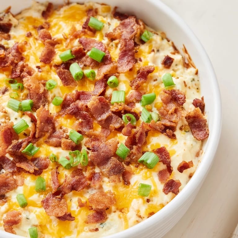 This Cheesy Bacon Ranch Dip features a creamy, rich texture sprinkled with crispy bacon bits and green onions.