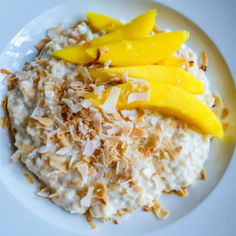 Creamy, rich Toasted Coconut Rice Pudding simmering in a saucepan, hinting at a sweet, comforting dessert.