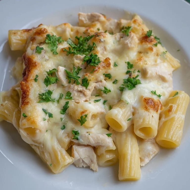 Creamy Chicken Alfredo Bake with a golden, melted cheese topping, perfect for a comforting dinner.