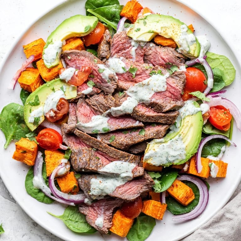 A colorful Beef Avocado Sweet Potato Bowl, showcasing roasted sweet potatoes and fresh cilantro dressing drizzled atop.
