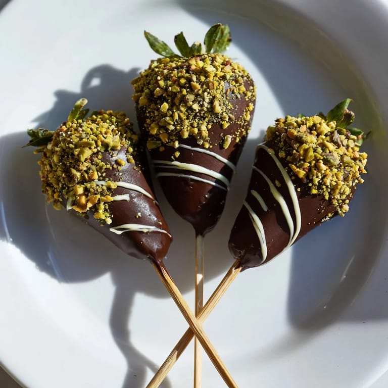 Melted chocolate coats the delightful chocolate-dipped strawberry skewers, garnished with nuts.