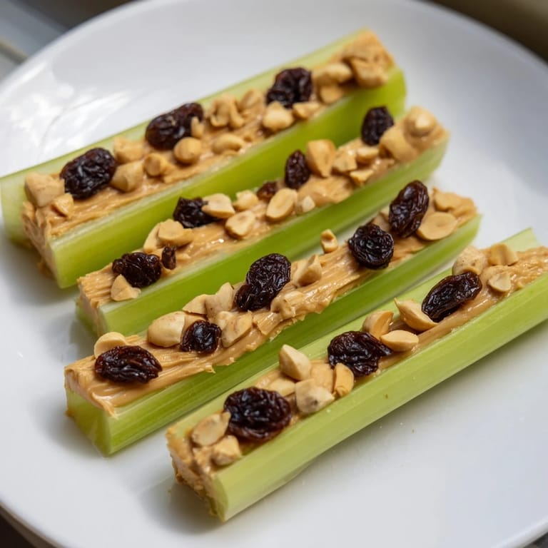 Vibrant photo: fresh Peanut Butter Celery Sticks, showing crunchy celery, peanut butter, and raisin "ants."