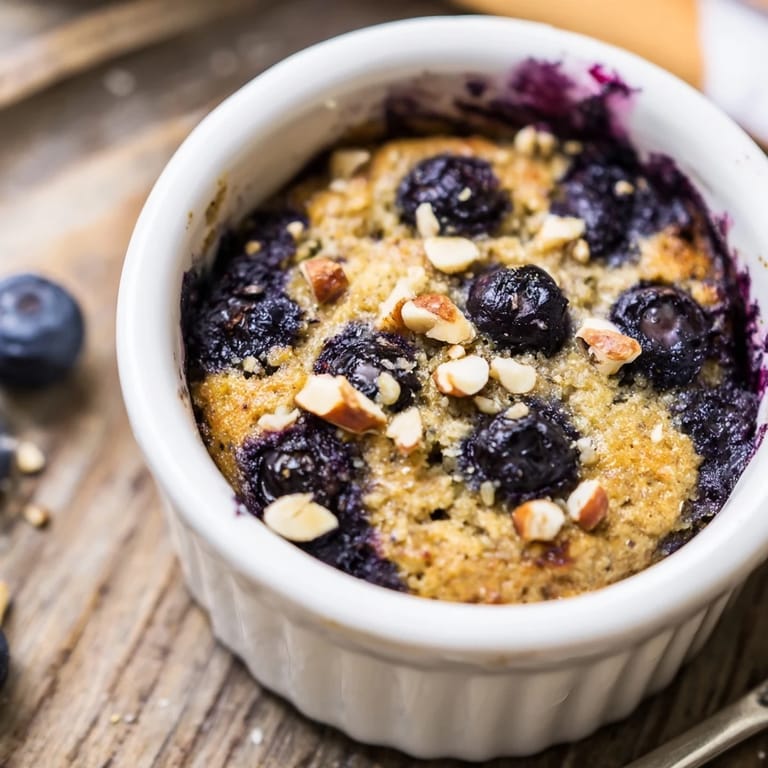 A close-up of hearty Blueberry Baked Oats, packed with juicy blueberries and a hint of cinnamon.