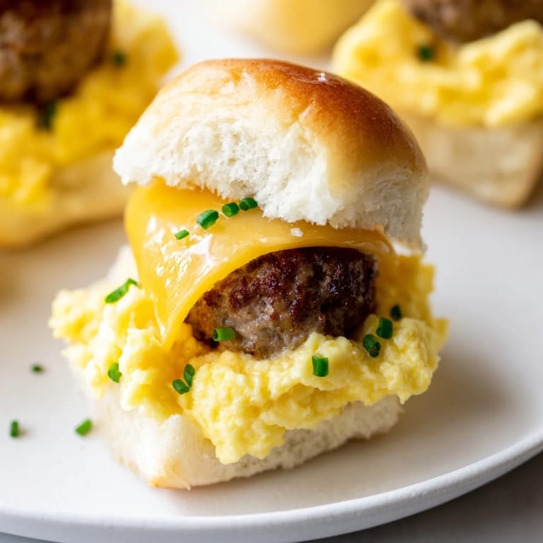 Golden toasted buns hold savory sausage patties and gooey cheese in these Mini Breakfast Sliders.