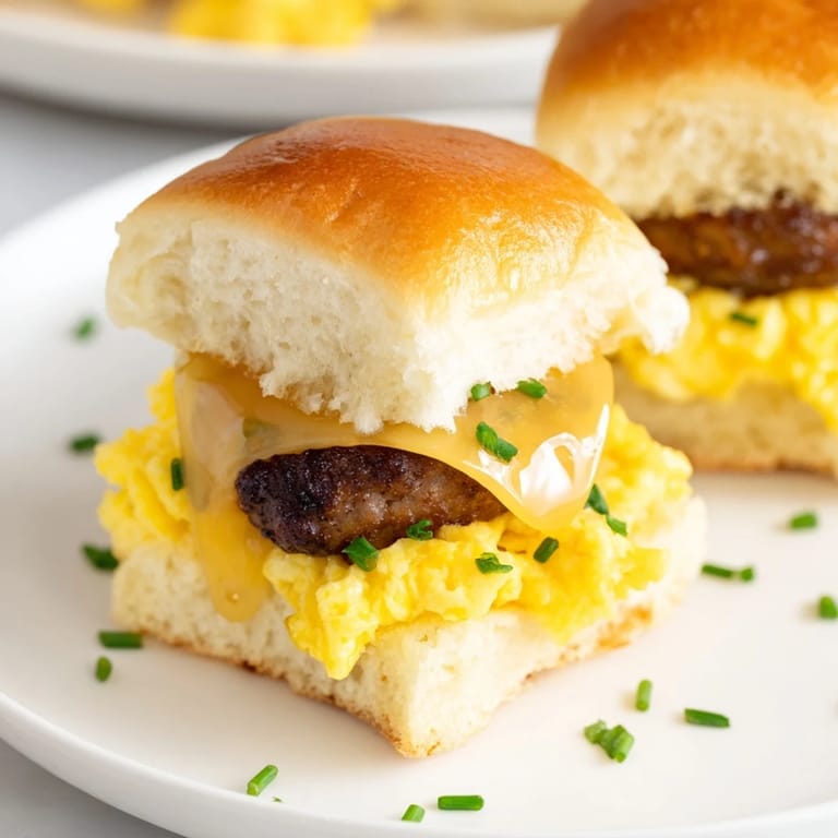 A close-up view shows delightful Mini Breakfast Sliders, drizzled with maple syrup and ready to eat.
