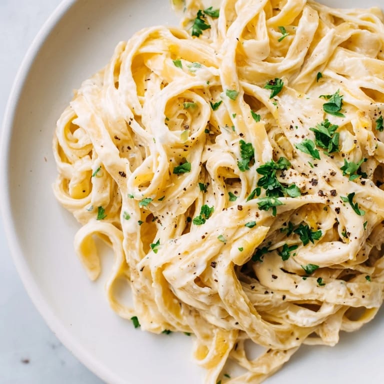 Homemade Pasta Alfredo Cottage Hack recipe, a vegetarian delight, with a smooth, cheesy sauce served.