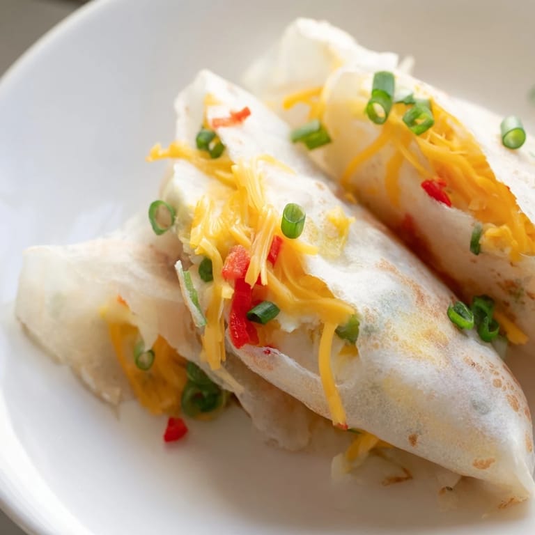A warm, golden Rice Paper Egg Cheese Wrap, ready to eat, with melted cheese and fresh green scallions.