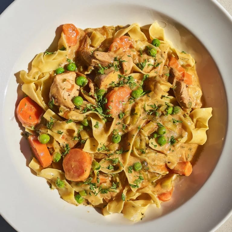 This creamy Chicken and Egg Noodles dish features tender chicken with soft noodles, perfectly cooked.