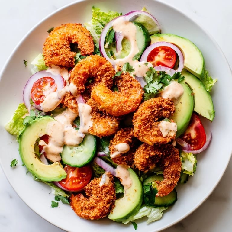 A close-up view of the Spicy Crispy Shrimp Salad drizzled with vibrant sriracha-lime dressing.