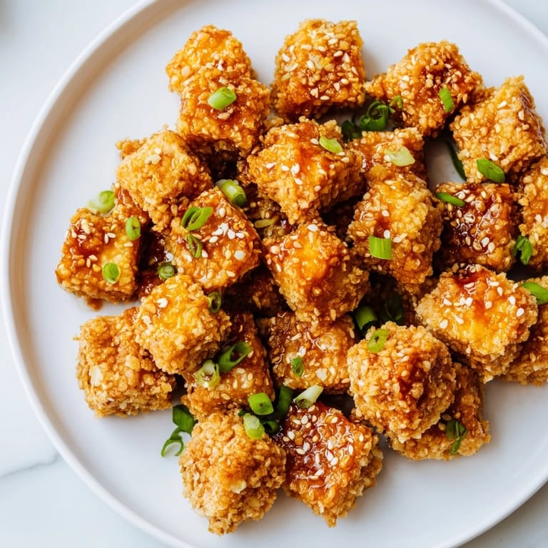Crispy bite-sized Honey Sriracha Tofu Nuggets with a rich, savory glaze ready to be eaten.