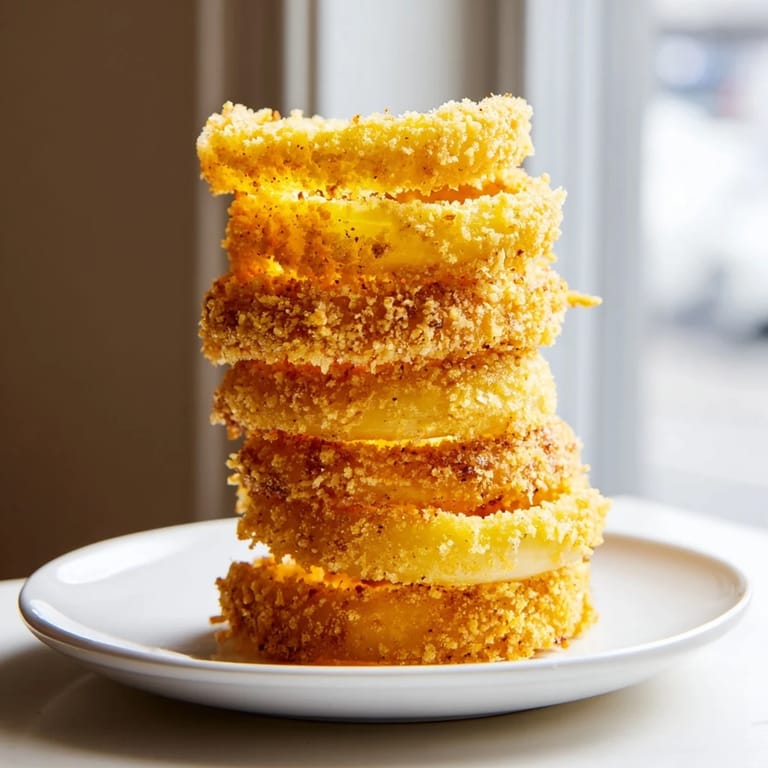 Perfectly fried and crunchy crispy onion ring tower, smelling delicious and waiting to be shared as an appetizer.