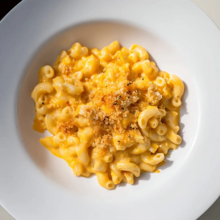 A comforting bowl of pumpkin mac & cheese, the vibrant orange sauce coating each pasta shell.