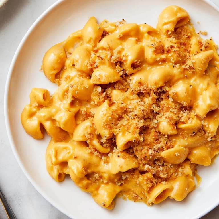 A close-up of cheesy pumpkin mac & cheese, garnished with Parmesan for an inviting autumn meal.