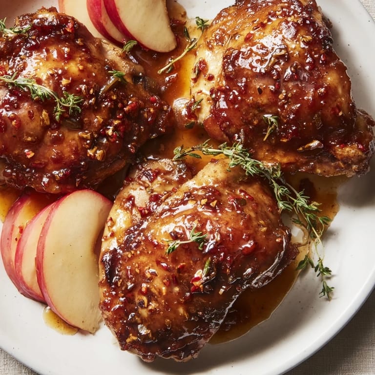 A close-up of baked Sticky Maple Apple Chicken, showing the glistening maple glaze and tender apples.