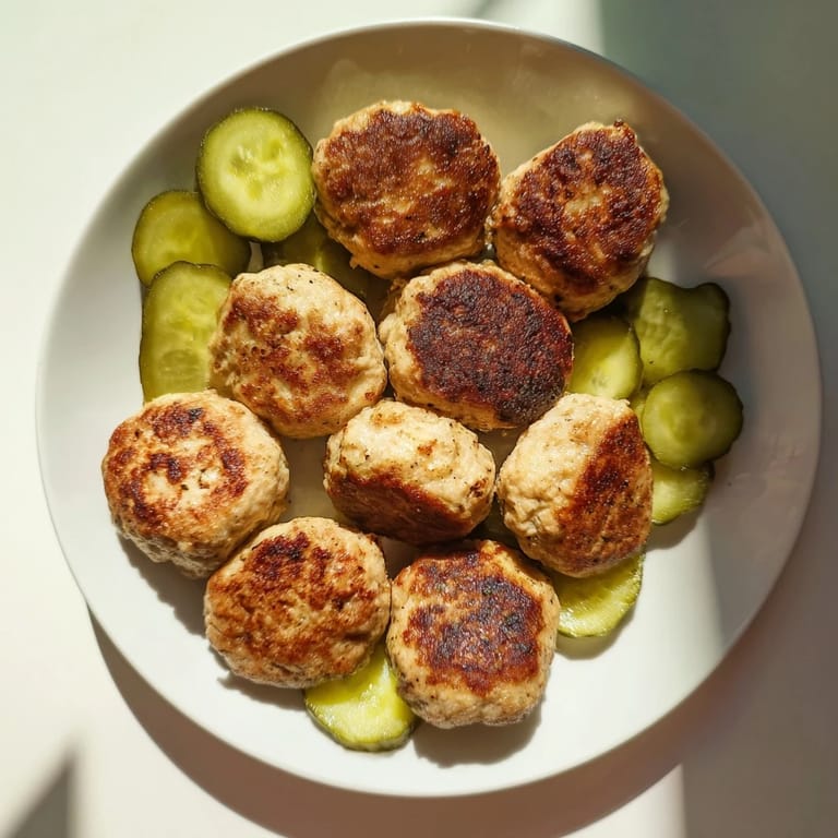 Juicy Danish frikadeller served with tangy pickles offers a delicious, flavorful, traditional Danish meal.