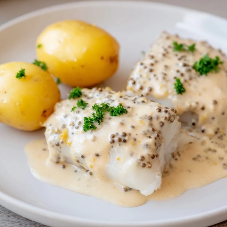 A close-up of steaming Norwegian Lutefisk, contrasting textures from fish and sauce.