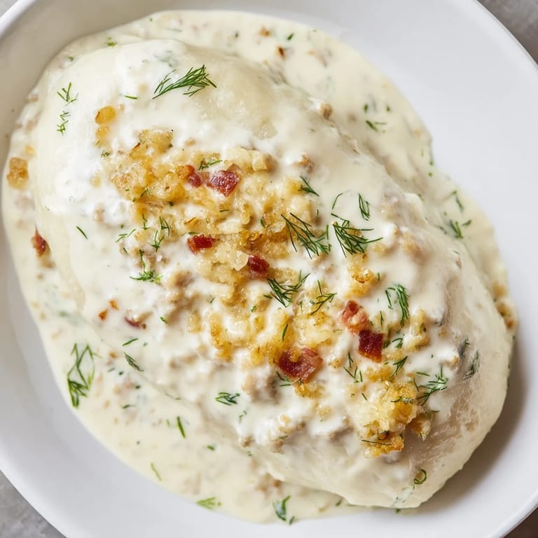 Homemade Cepelinai, generously topped with a rich bacon-infused sour cream sauce, ready to be enjoyed.