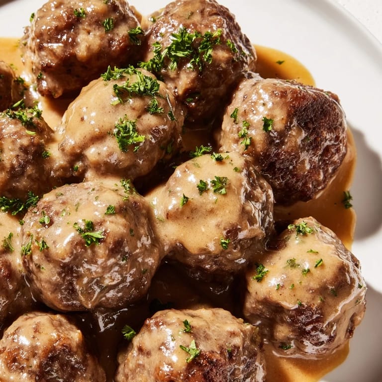 Close-up of golden-brown Swedish Meatballs, deliciously tender, with a rich sauce and herbs.