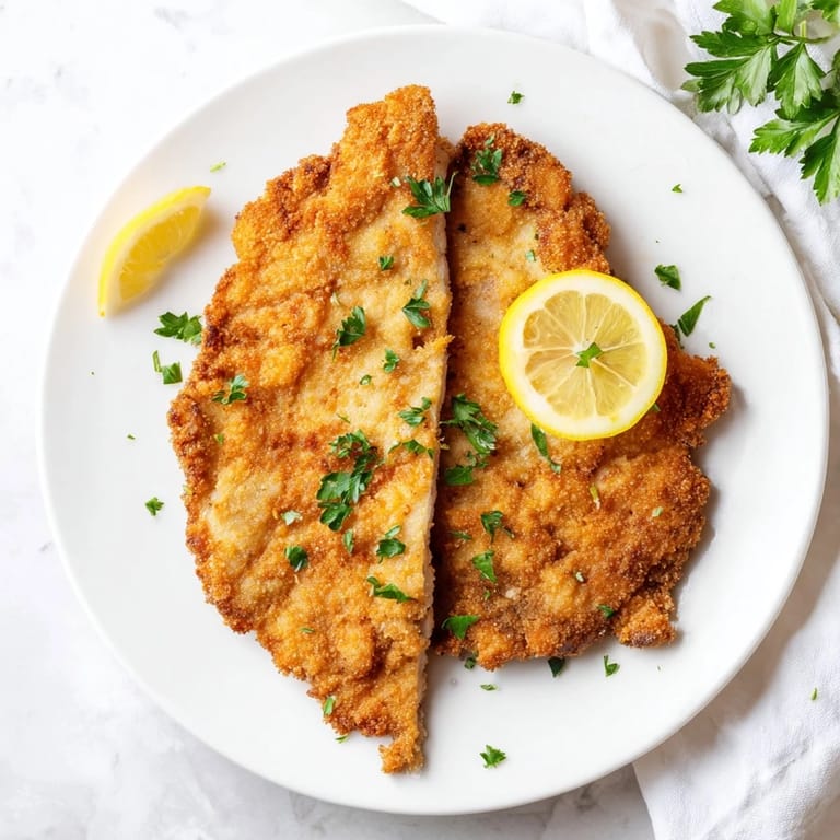 Freshly fried German schnitzel cutlet, a juicy meat cutlet with a satisfying crunch, plated and ready to eat.
