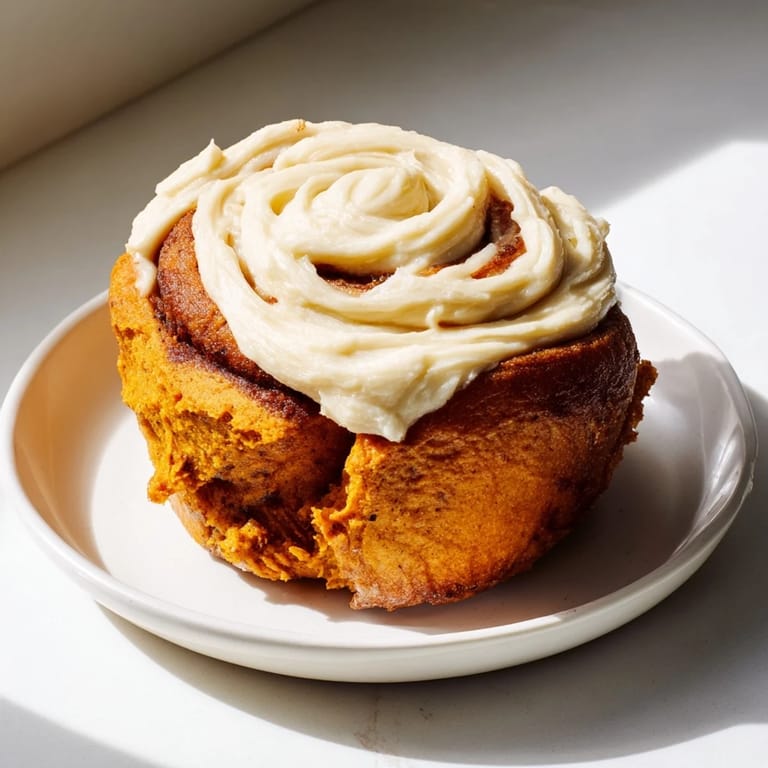 Warm, soft pumpkin cinnamon rolls arranged on a white plate, ready to be served for a cozy autumn breakfast.